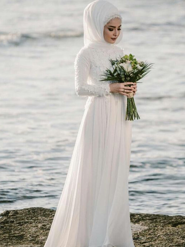 2024 Hot Sale Wedding Dresses A-Line Chiffon Long Sleeves Lace Muslin Beach