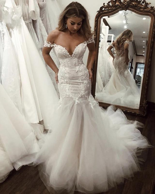 2024 Mermaid Wedding Dresses Sweetheart Lace Tulle Off Shoulder Lace Hot Sale