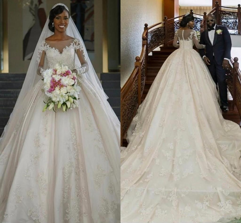 2024 Classic Wedding Dresses A-Line Long Train Long Sleeves Bateau Lace