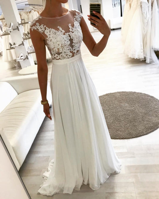 2024 Cheap A-Line Wedding Dresses Chiffon Scoop Beach With Appliques