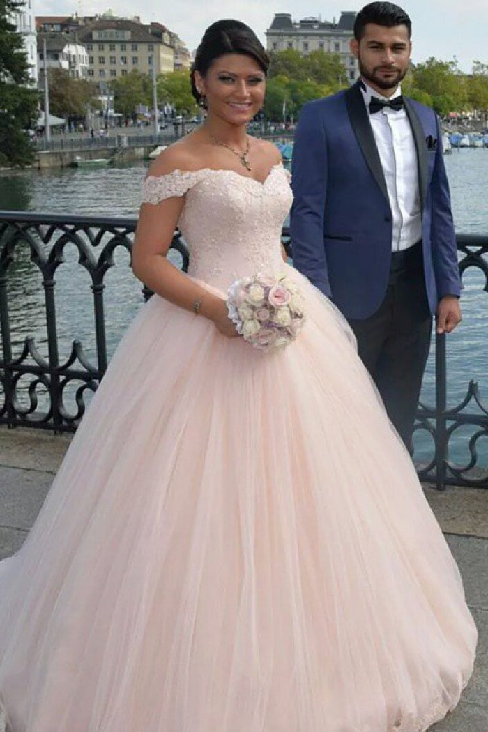 2024 Hot Sale Wedding Dresses Off Shoulder Sweetheart Tulle Pink Ball Gown