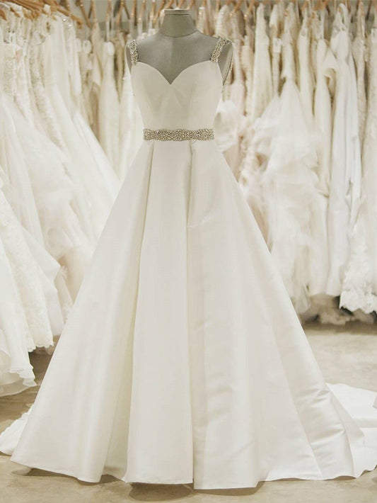 2024 Classic Wedding Dresses A-Line Satin Sweetheart Beaded Sash Beaded Straps