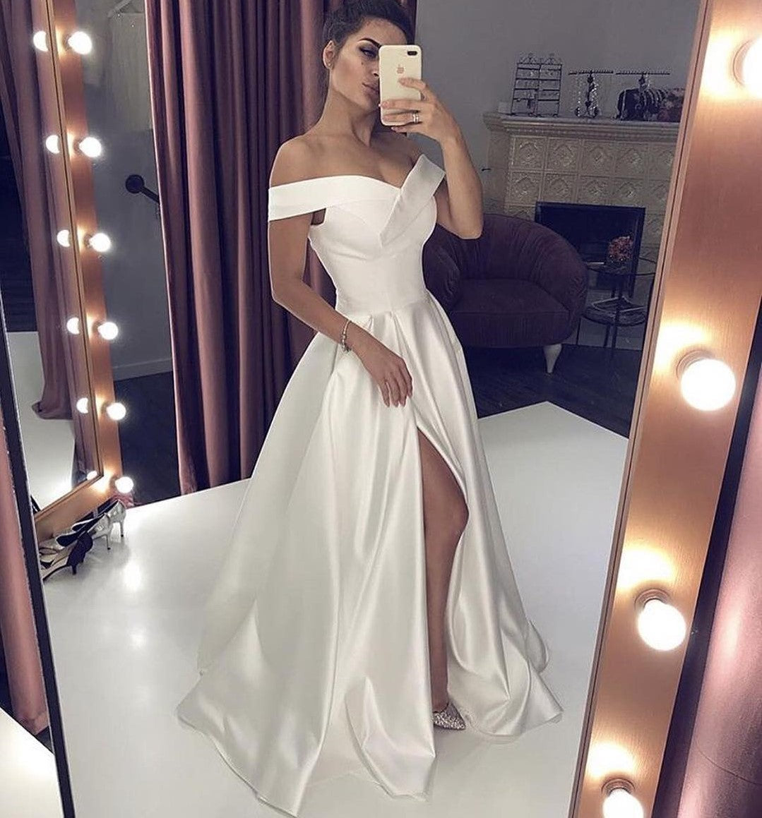 2024 New Arrival Wedding Dresses A-Line Side Slit Satin Off Shoulder Sweetheart Cheap