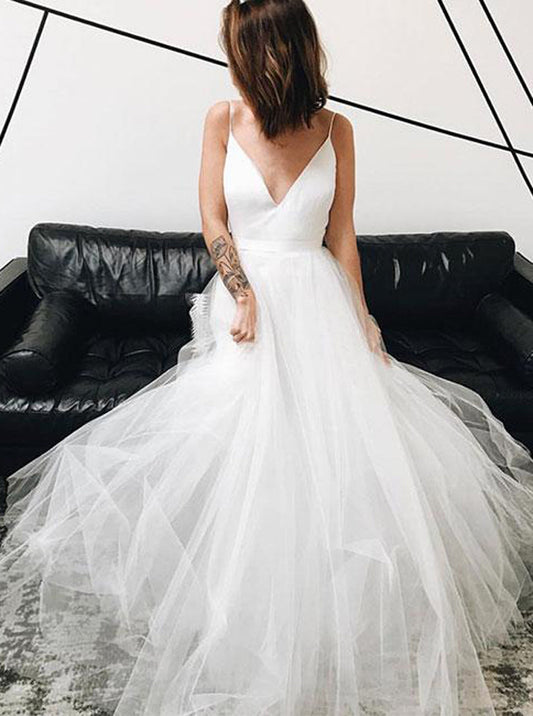 2024 Cheap A-Line Wedding Dresses White V-Neck Tulle Spaghetti Straps