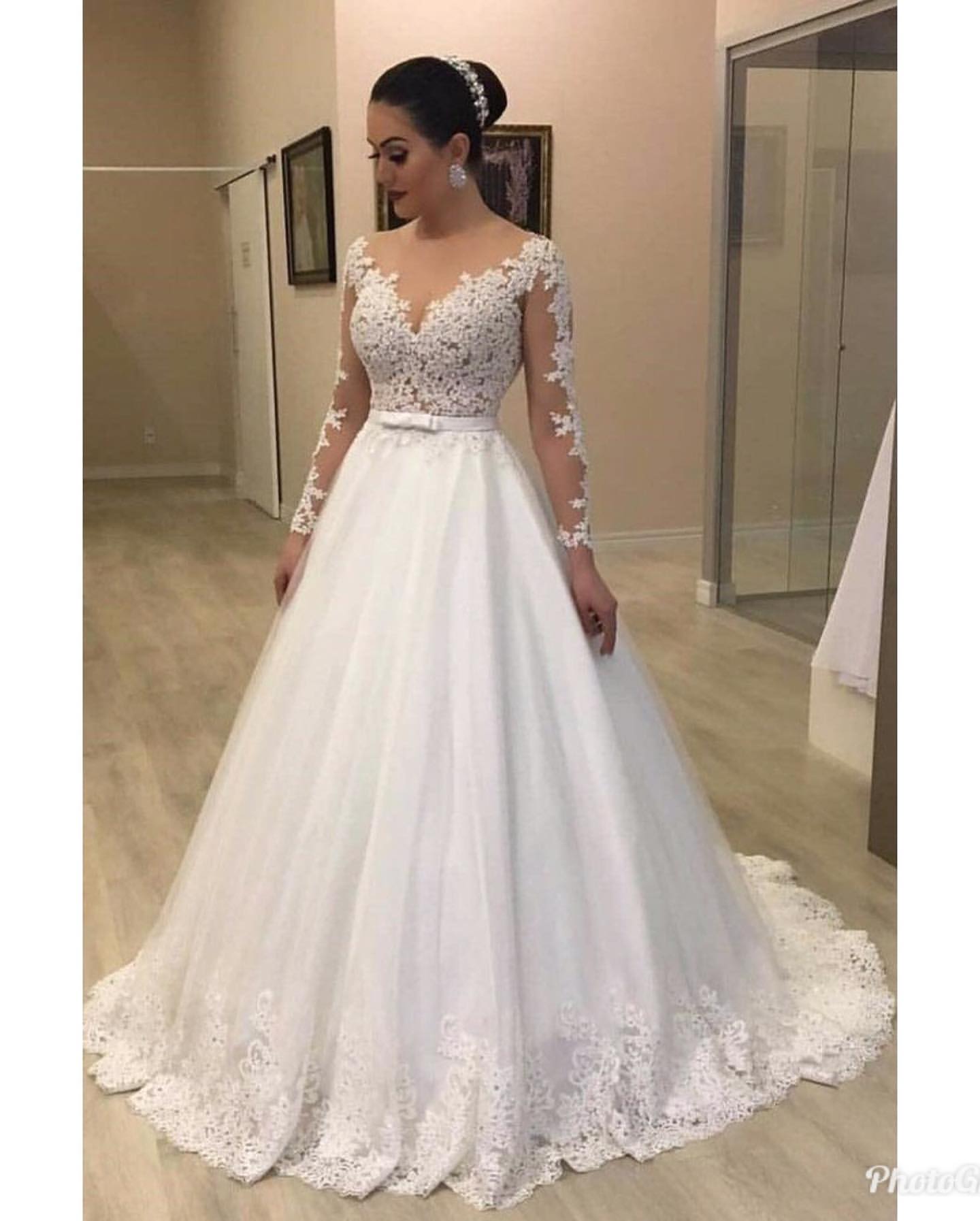 2024 Elegant Wedding Dresses A-Line Long Sleeves Belt Scoop Tulle Lace
