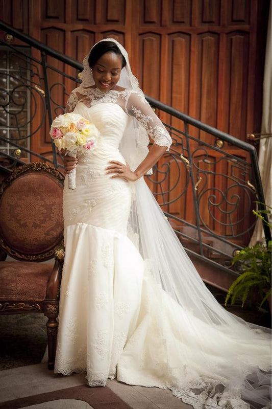 2024 Cheap Wedding Dresses Mermaid Long Sleeves Lace Pleated