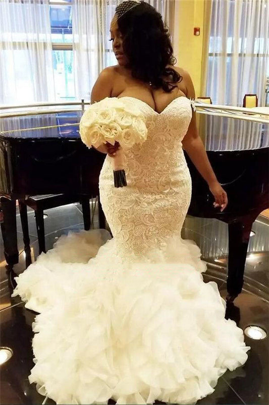 2024 Wedding Dresses Alluring Mermaid Sweetheart Lace Ruffles Long Plus Size