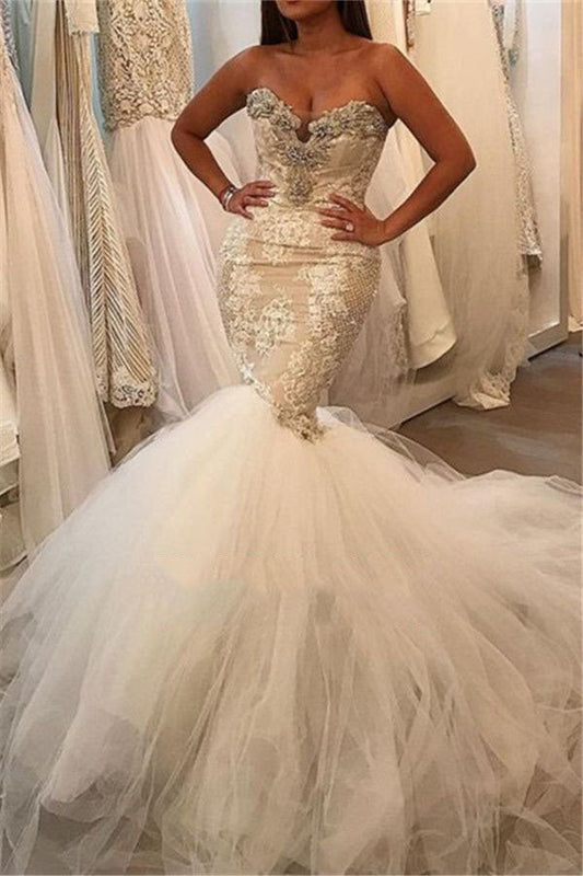 2024 Mermaid Wedding Dresses Sweetheart Tulle Beaded Lace Cheap