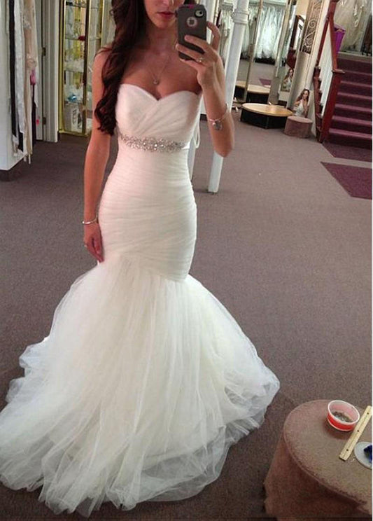 2024 Cheap Wedding Dresses Mermaid Sweetheart Beaded Tulle Pleated