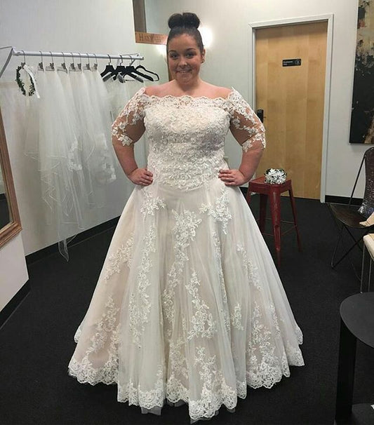 2024 Cheap A-Line Wedding Dresses Long Sleeves Off Shoulder Lace Plus Size
