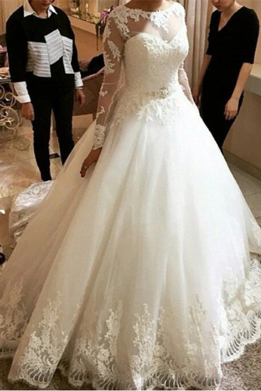 2024 Elegant Wedding Dresses A-Line Long Sleeves Scoop Lace Vintage