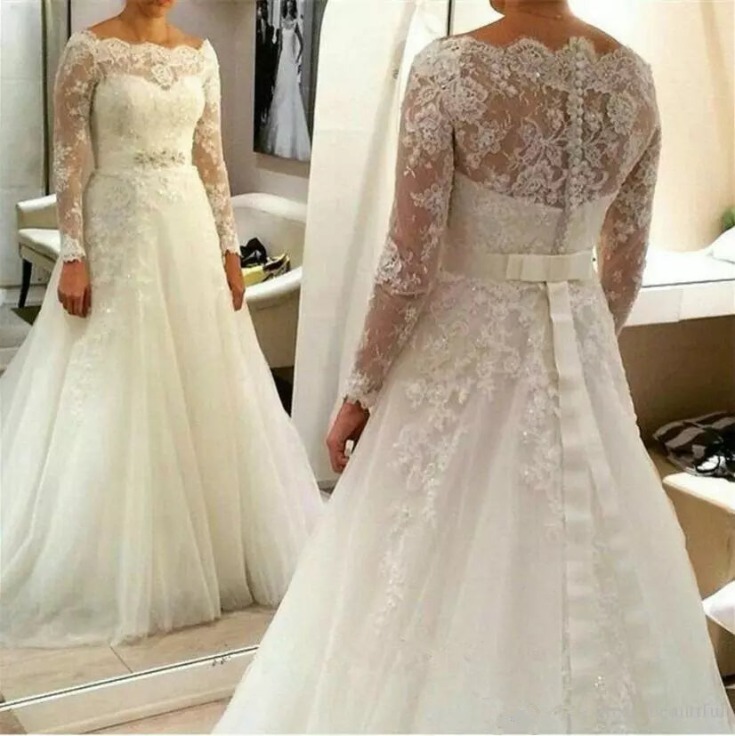 2024 Elegant Wedding Dresses A-Line Long Sleeves Off Shoulder Belt Tulle Beaded Long Vintage