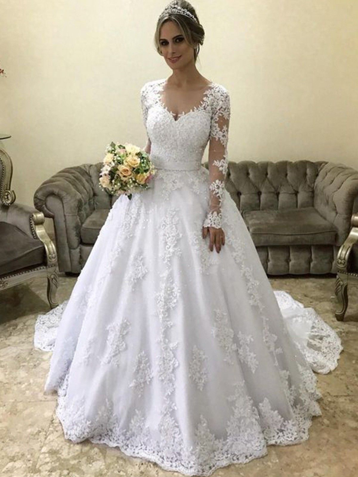 2024 Elegant Wedding Dresses Long Sleeves Sweetheart Lace Ball Gown