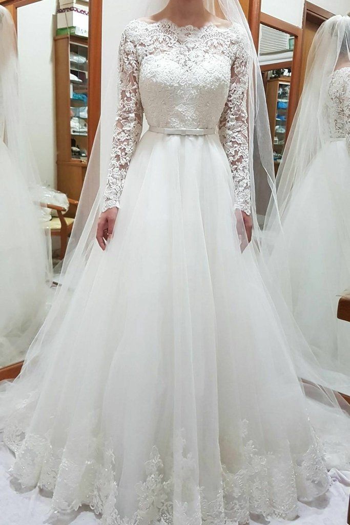 2024 New Arrival Wedding Dresses A-Line Long Sleeves Off Shoulder Lace Belt Vintage