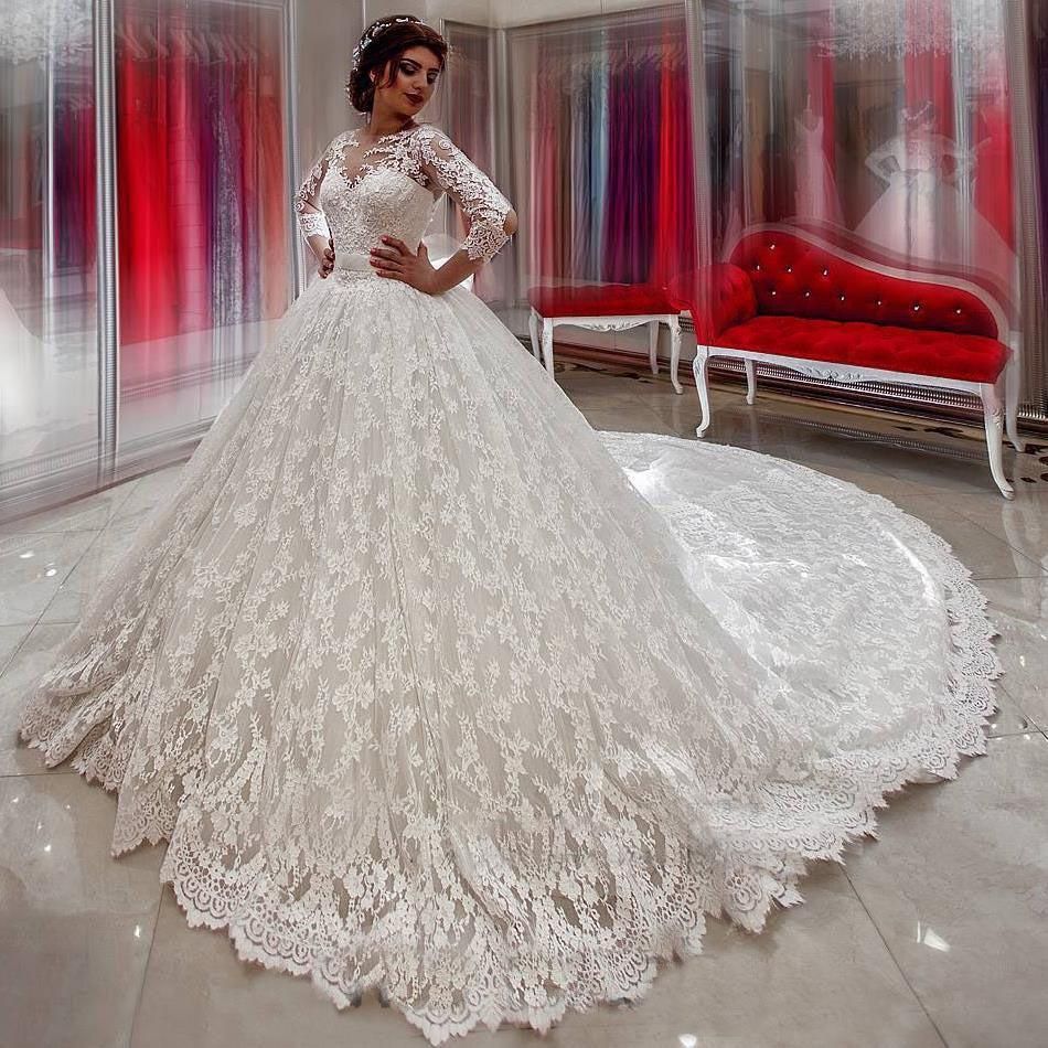 2024 Luxury Wedding Dresses Long Sleeves Lace Scoop Long Ball Gown
