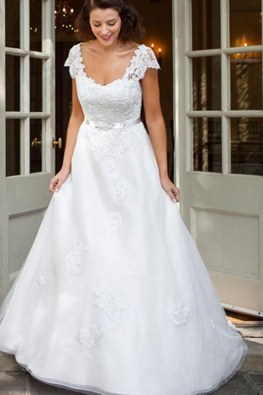 2024 Classic Wedding Dresses A-Line White Capped Sleeves Scoop Vintage