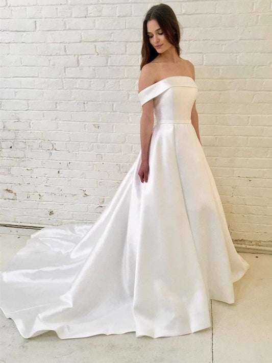 2024 Classic Wedding Dresses A-Line Off Shoulder Satin Long Cheap