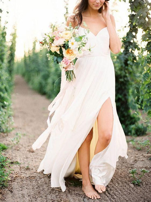 2024 Cheap A-Line Wedding Dresses Side Slit Chiffon Sweetheart Beach