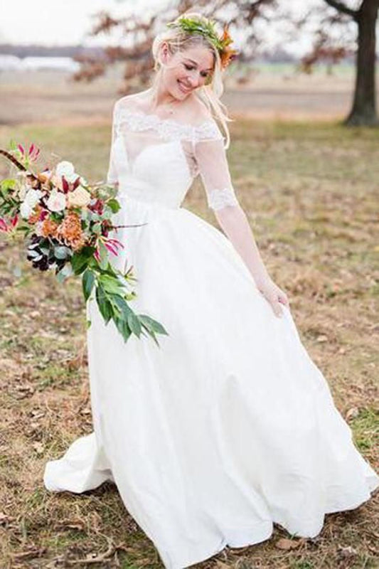 2024 Classic Wedding Dresses A-Line Satin Off Shoulder Lace Half Sleeves
