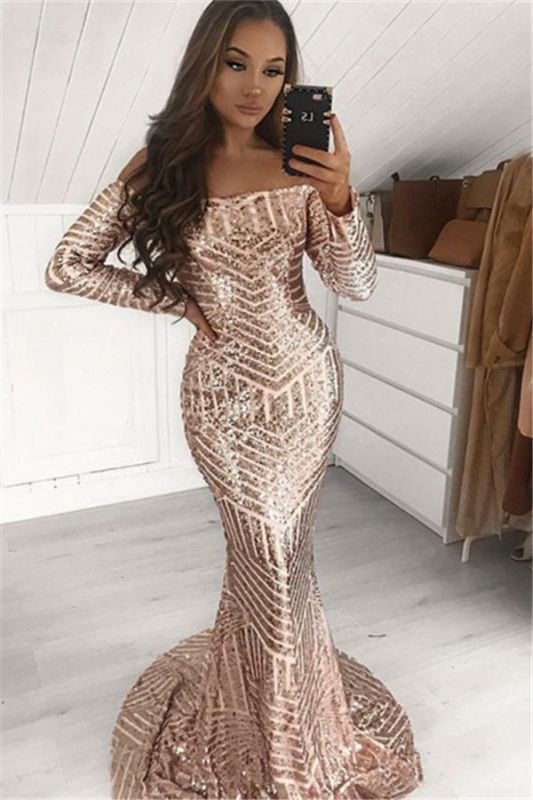 2024 Sexy Mermaid Prom Dresses Off Shoulder Long Sleeves Sequence