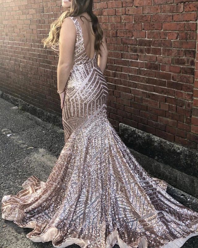 2024 Sexy Mermaid Prom Dresses Sequence Dusty Rose V Neck Backless Long
