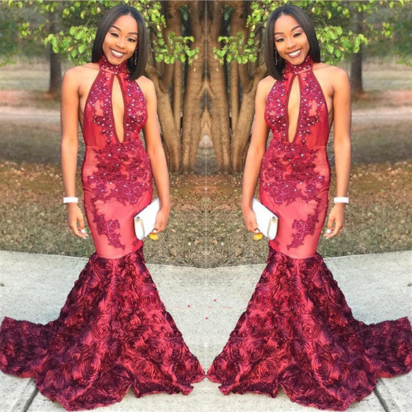 2024 Sexy Mermaid Prom Dresses Burgundy Rose Open Front Lace High Neck Beaded Long