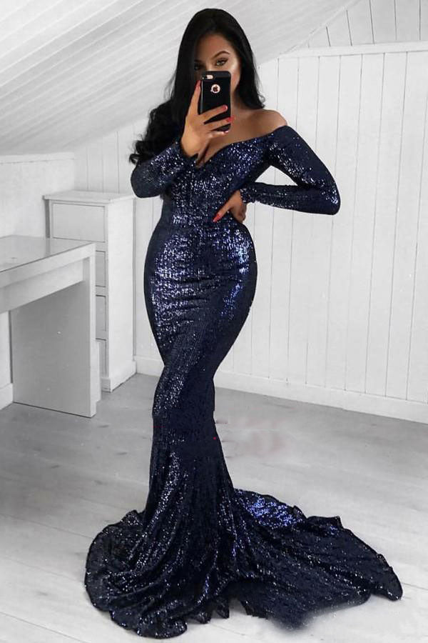 2024 Sexy Mermaid Prom Dresses Off Shoulder Long Sleeves Dark Navy Sequence Long