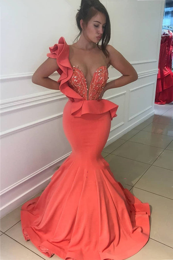 2024 Sexy Mermaid Prom Dresses Satin Coral One Shoulder Beaded Sweetheart Ruffles