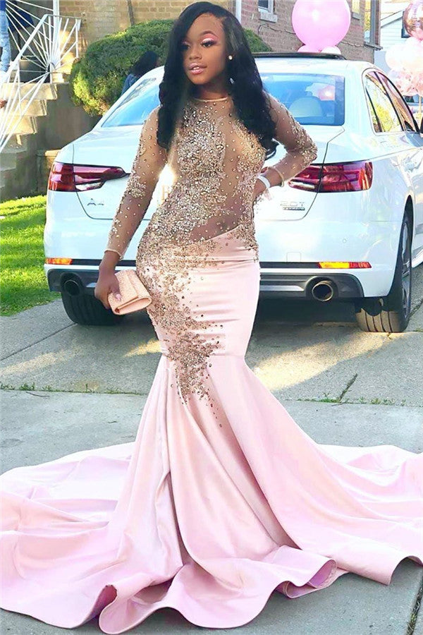 2024 Sexy Mermaid Prom Dresses Long Sleeves Pink Satin Scoop See Through Beaded Long