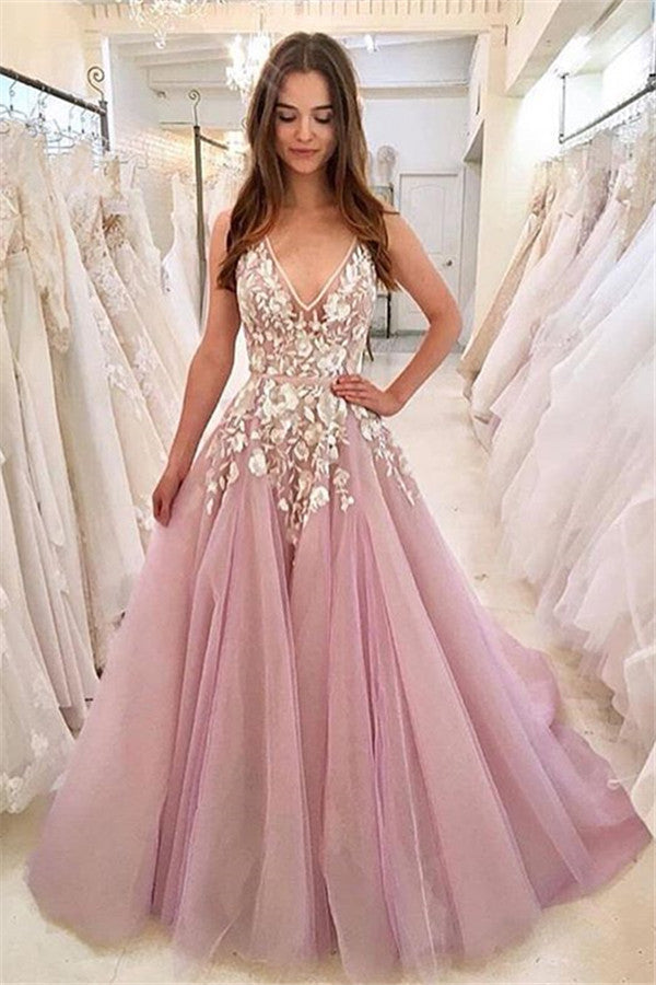 2024 Cheap Prom Dresses A Line New Arrival V Neck Lace Dusty Rose Tulle