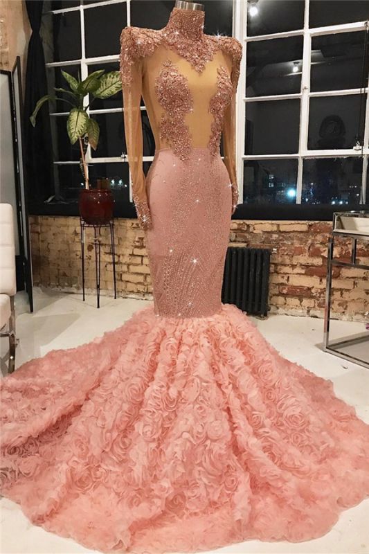 2024 Prom Dresses Luxury Mermaid Long Sleeves Pink Rose High Neck Beaded Long