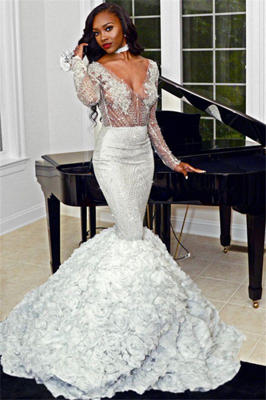 2024 Prom Dresses Luxury Long Sleeves Mermaid Silver Beaded Rose V Neck Long
