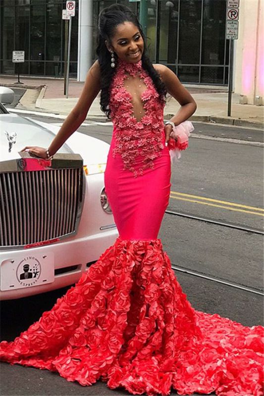 2024 Sexy Mermaid Prom Dresses Red Open Front Rose High Neck