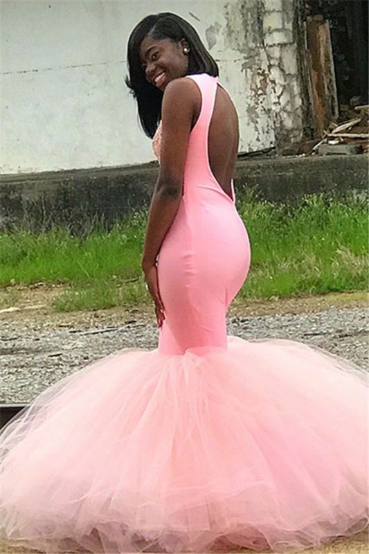2024 Sexy Mermaid Prom Dresses Pink Beaded Tulle Backless
