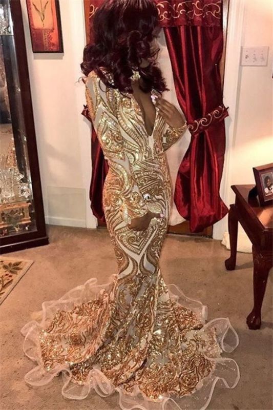 2024 Sexy Mermaid Prom Dresses Long Sleeves V Neck Lace Gold
