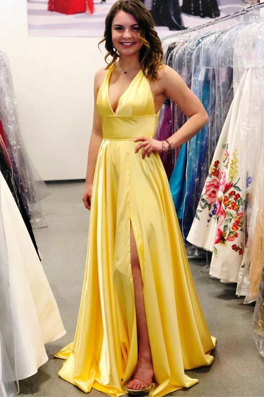 2024 Cheap Prom Dresses A Line Daffodil Side Slit Halter V Neck Backless