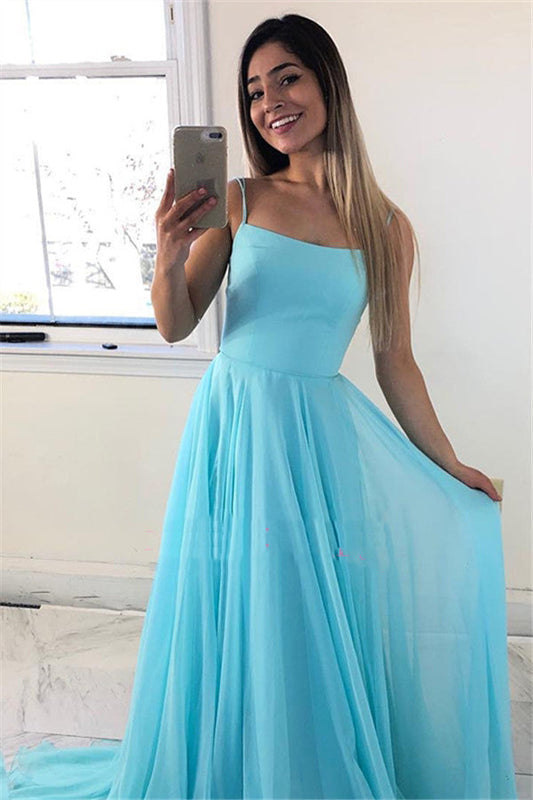 2024 Cheap Prom Dresses A Line Blue Chiffon Backless Lace Up
