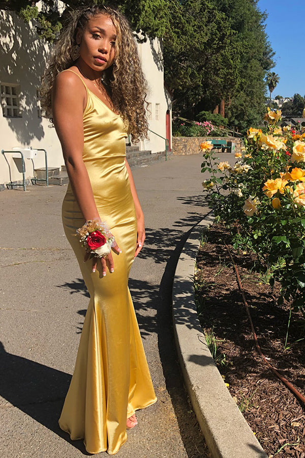 2024 New Arrival Prom Dresses Gold Mermaid Spaghetti Straps V Neck