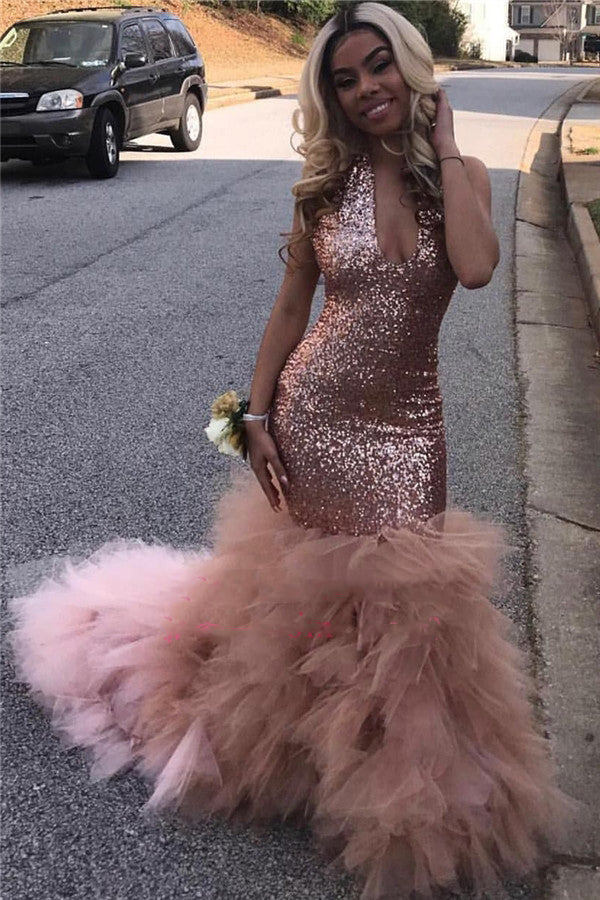 2024 Sexy Mermaid Prom Dresses Dusty Rose Tulle Sequence V Neck