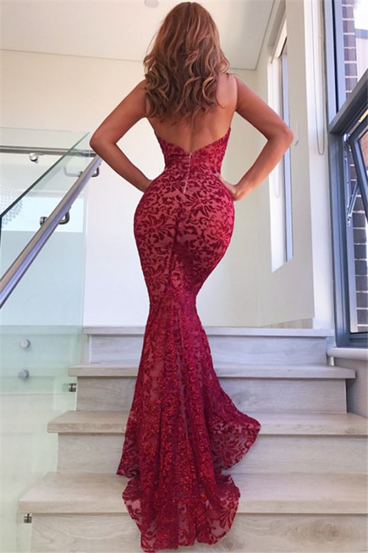 2024 Sexy Mermaid Prom Dresses V Neck Red Lace Backless