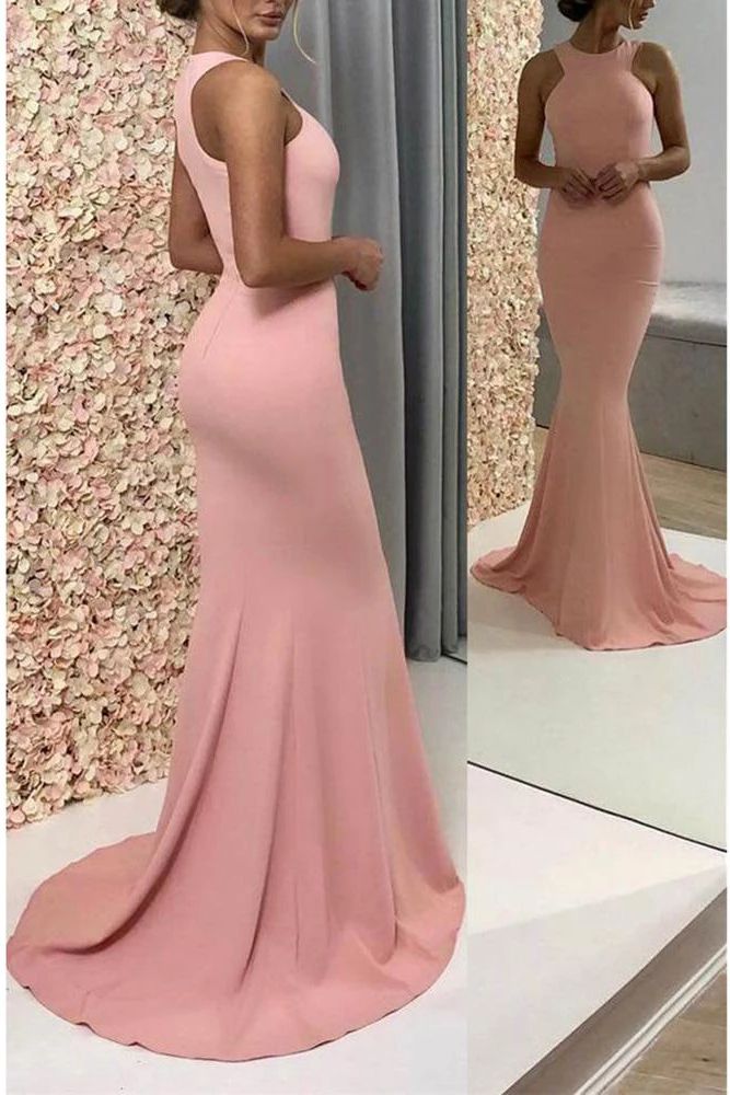 2024 Sexy Mermaid Prom Dresses Pink Satin Scoop Sleeveless