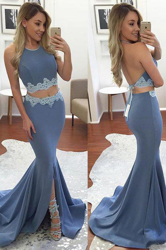 Two Piece Backless Mermaid Prom Dresses Long Party Dresses with Split Side