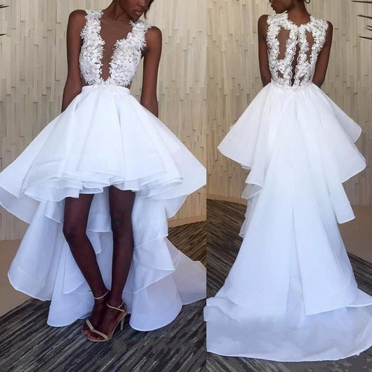 High Low Tulle Organza A Line White Appliques Short Wedding Dresses 2024