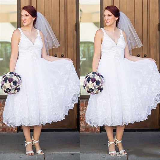 Lace Sweetheart Short A Line Tea Length Beach Wedding Dresses 2024
