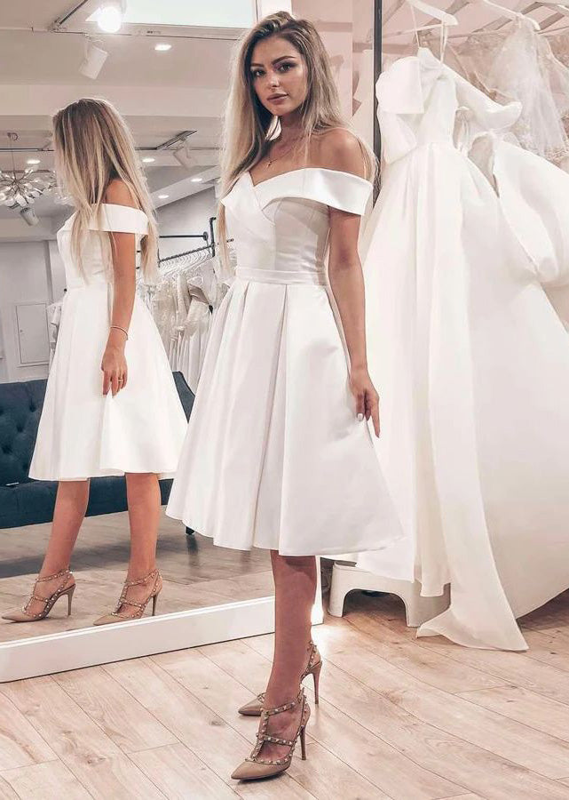 Knee Length Satin A Line Off Shoulder Short Wedding Dresses 2024