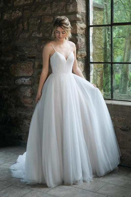 Ivory Sweetheart Tulle 2024 A Line Pleated Spaghetti Straps Wedding Dresses