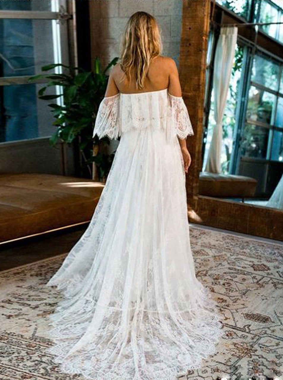 Off Shoulder Long A Line Lace Beach Wedding Dresses