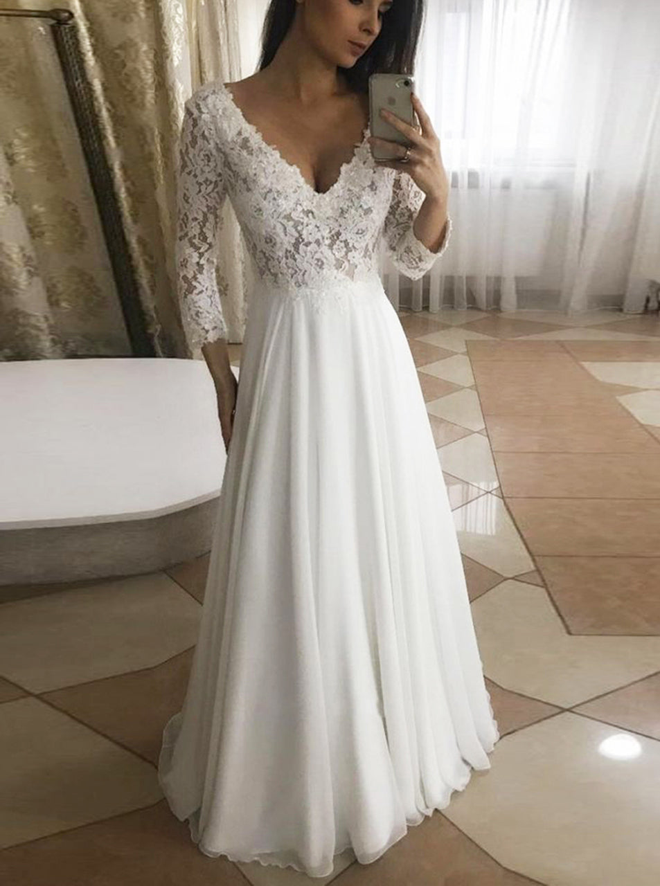 V Neck Long Sleeves Floor Length 2024 A Line Chiffon Lace Beach Wedding Dresses