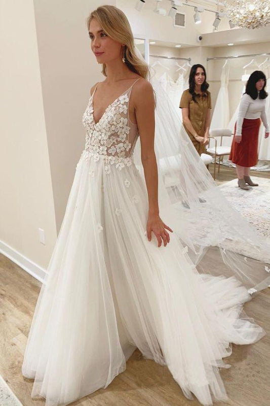 V Neck Tulle With Floral 2024 A Line Patterns Beach Wedding Dresses