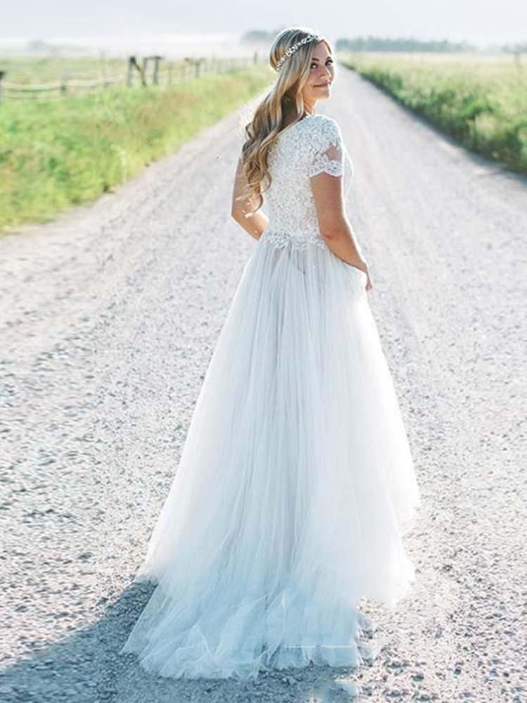 2024 Lace Bateau Tulle Floor Length A Line Short Sleeves Beach Wedding Dresses